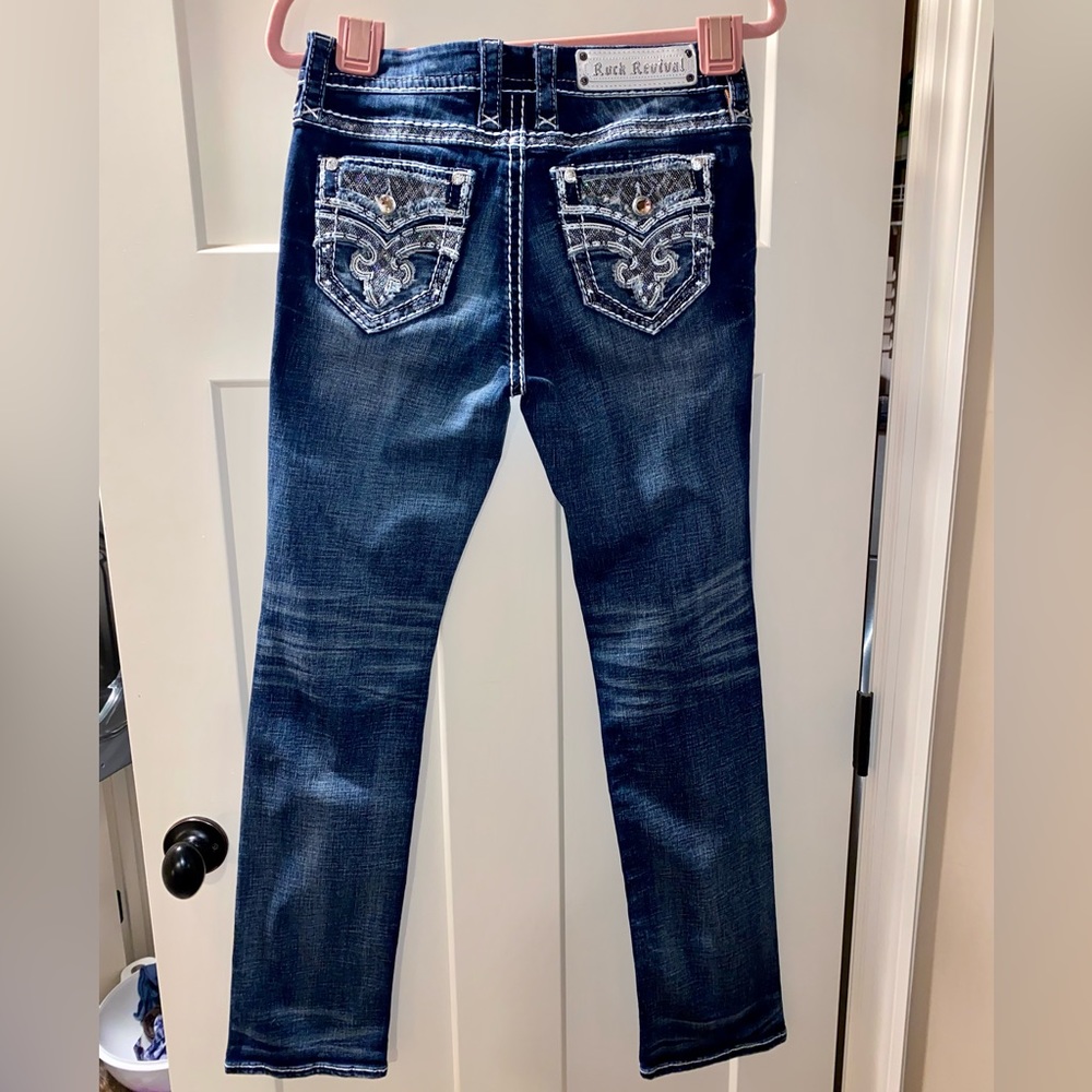 ROCK REVIVAL BELISS EASY STRAIGHT SEQUIN METALLIC STITCH FAUX FLAP JEANS 26
